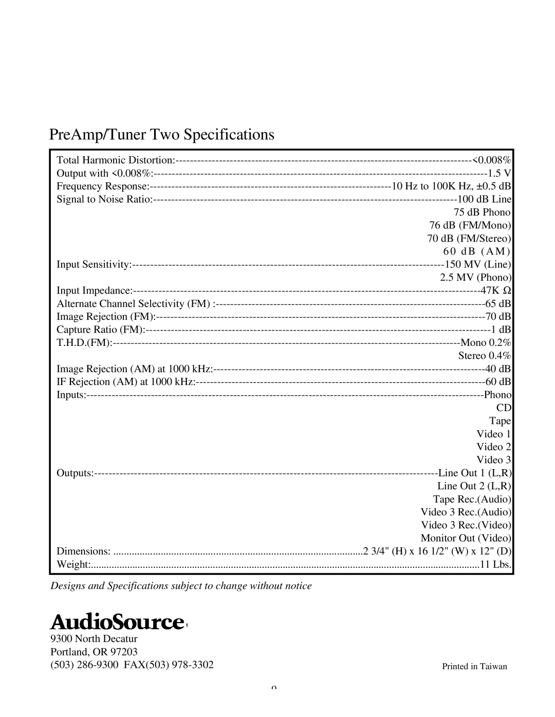 AudioSource SWTWO owner manual PreAmp/Tuner Two Specifications 