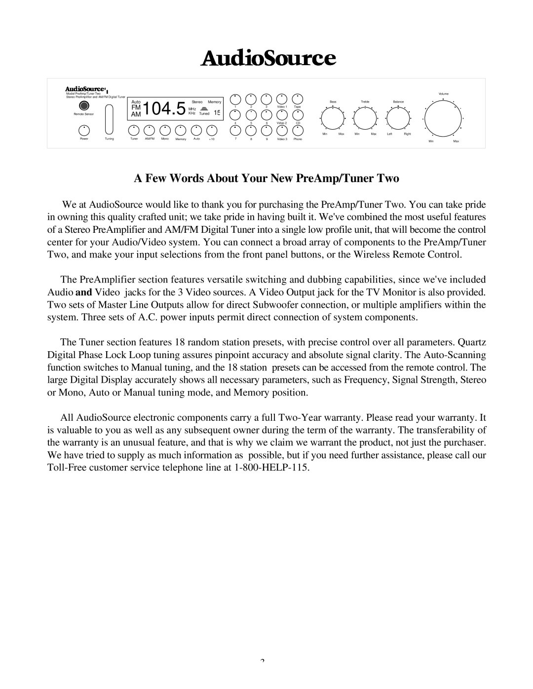 AudioSource SWTWO owner manual Few Words About Your New PreAmp/Tuner Two 