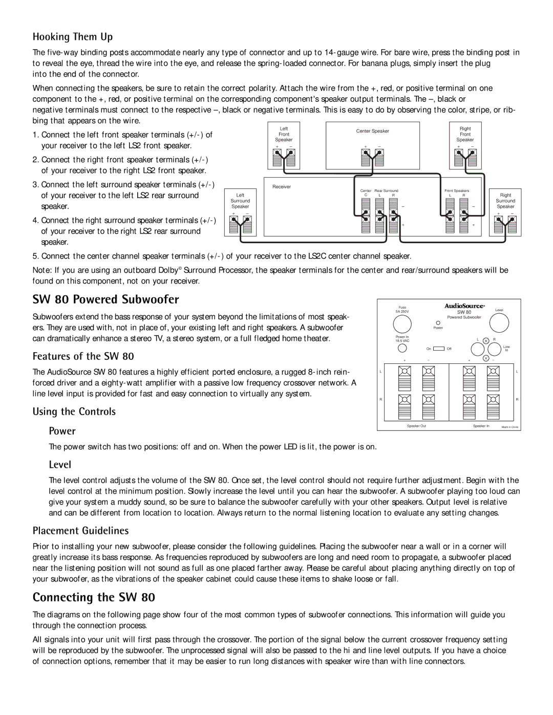 AudioSource System 2.5 owner manual SW 80 Powered Subwoofer, Connecting the SW 