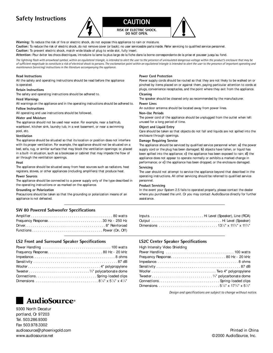 AudioSource System 2.5 owner manual Safety Instructions, Risk of Electric Shock Do not Open 