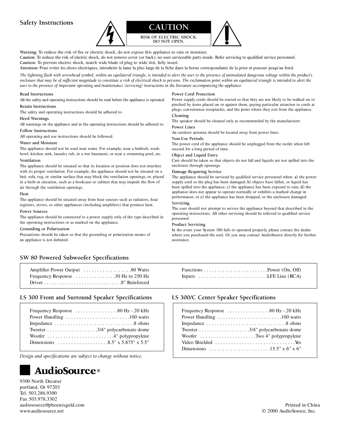 AudioSource SYSTEM 380 owner manual Safety Instructions, SW 80 Powered Subwoofer Specifications 