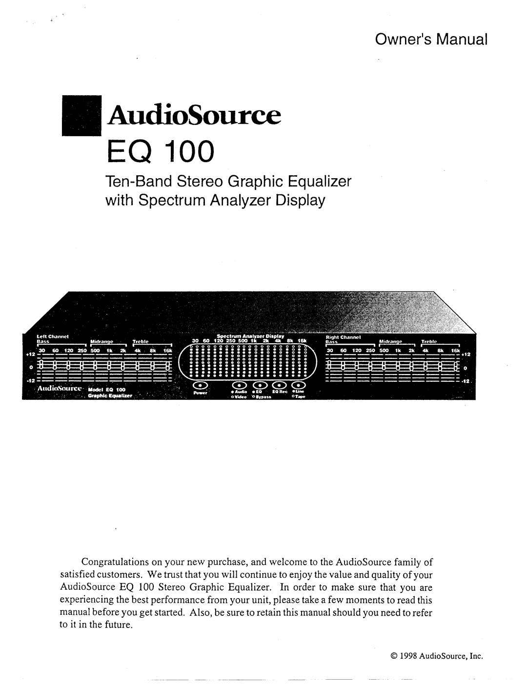 AudioSource ten-band stereo graphic equalizer with spectrum analyzer display, EQ 100 manual 