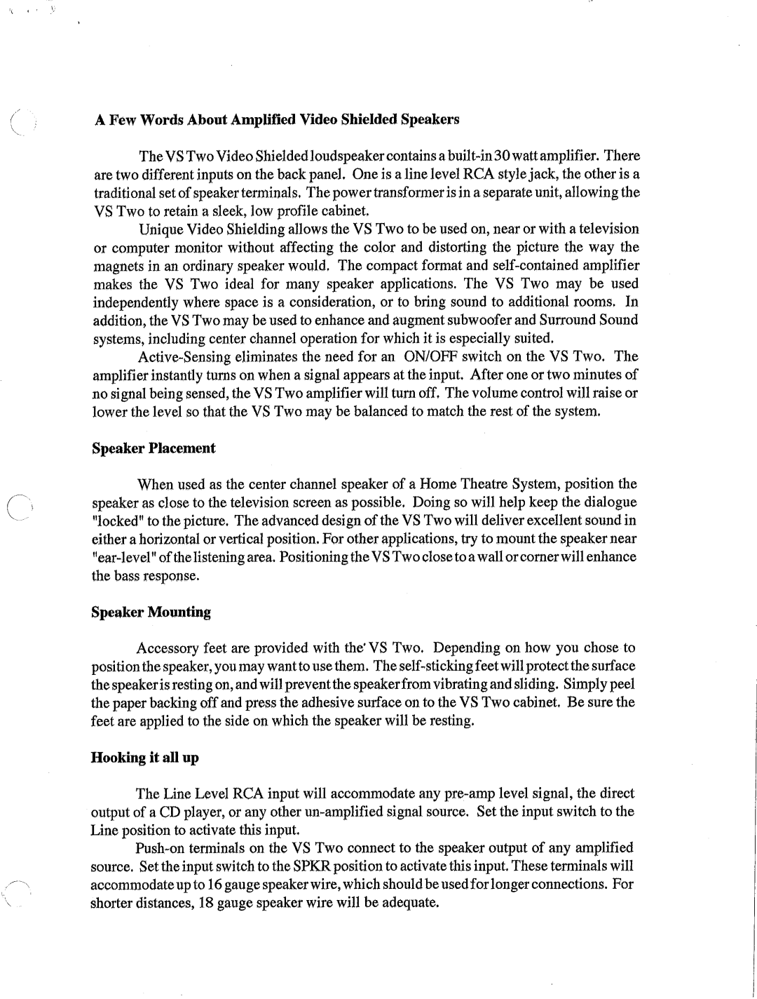 AudioSource VS Two, Amplified Video Shielded Compact Loudspeaker manual 