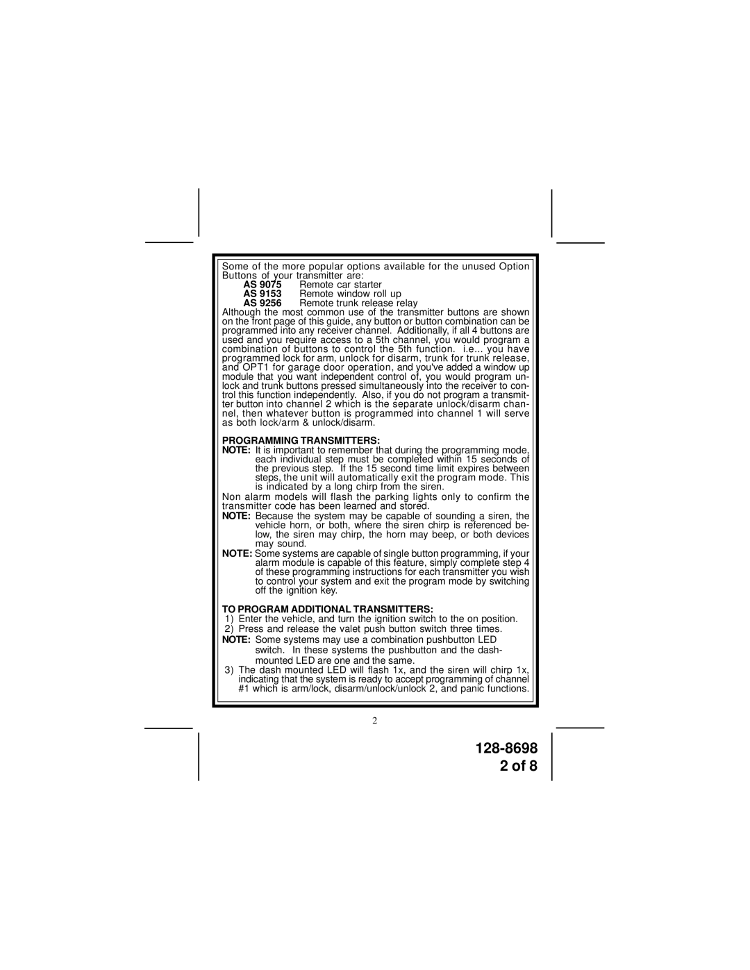 Audiovox 093BPR manual Programming Transmitters, To Program Additional Transmitters 