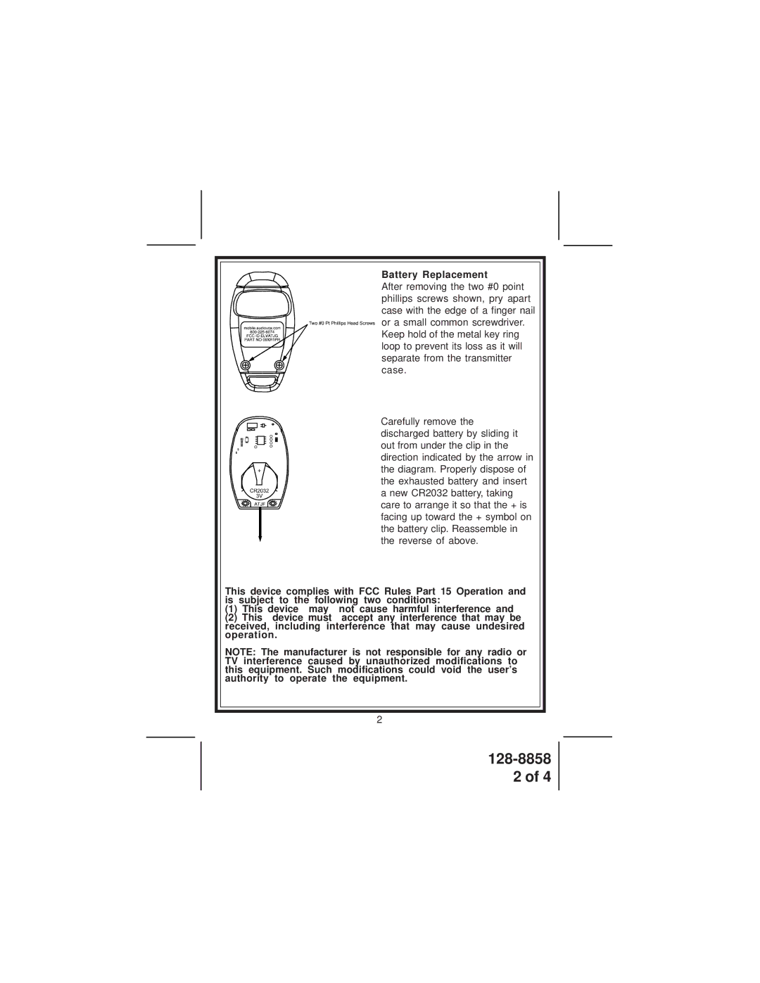 Audiovox 09XR1PR manual Battery Replacement 