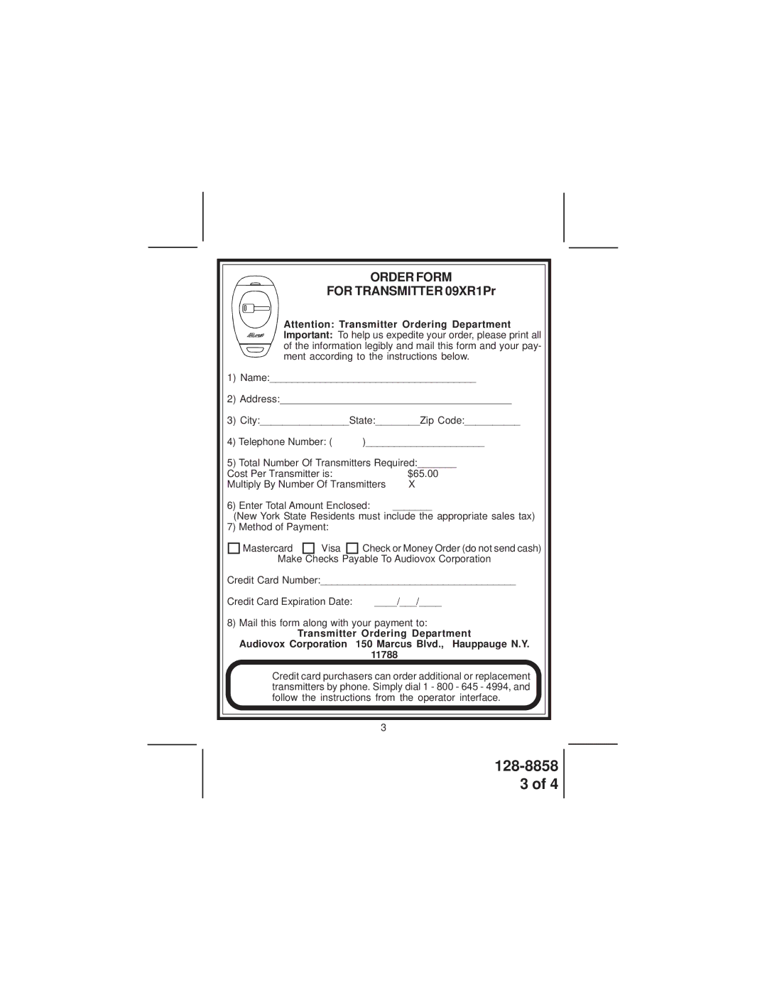 Audiovox 09XR1PR manual Order Form 