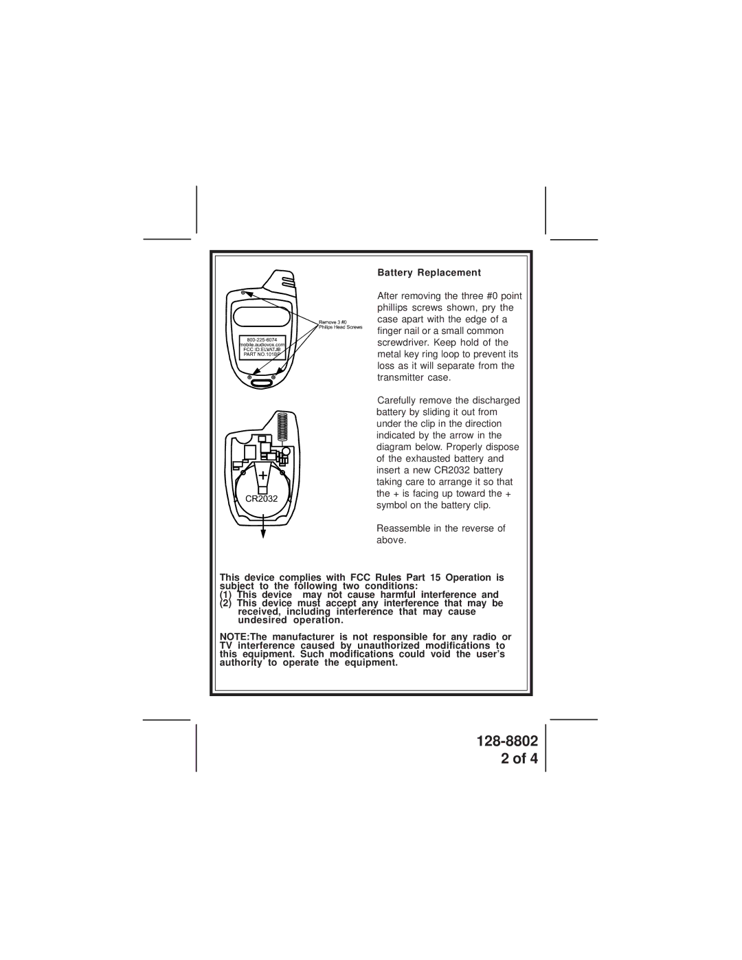 Audiovox 101BP manual Battery Replacement 