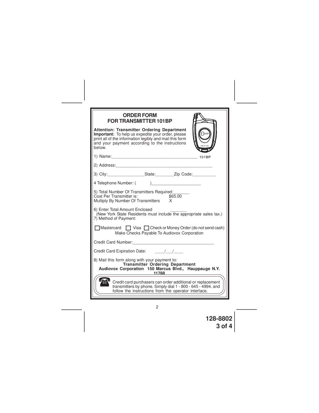 Audiovox manual Order Form For Transmitter 101BP 