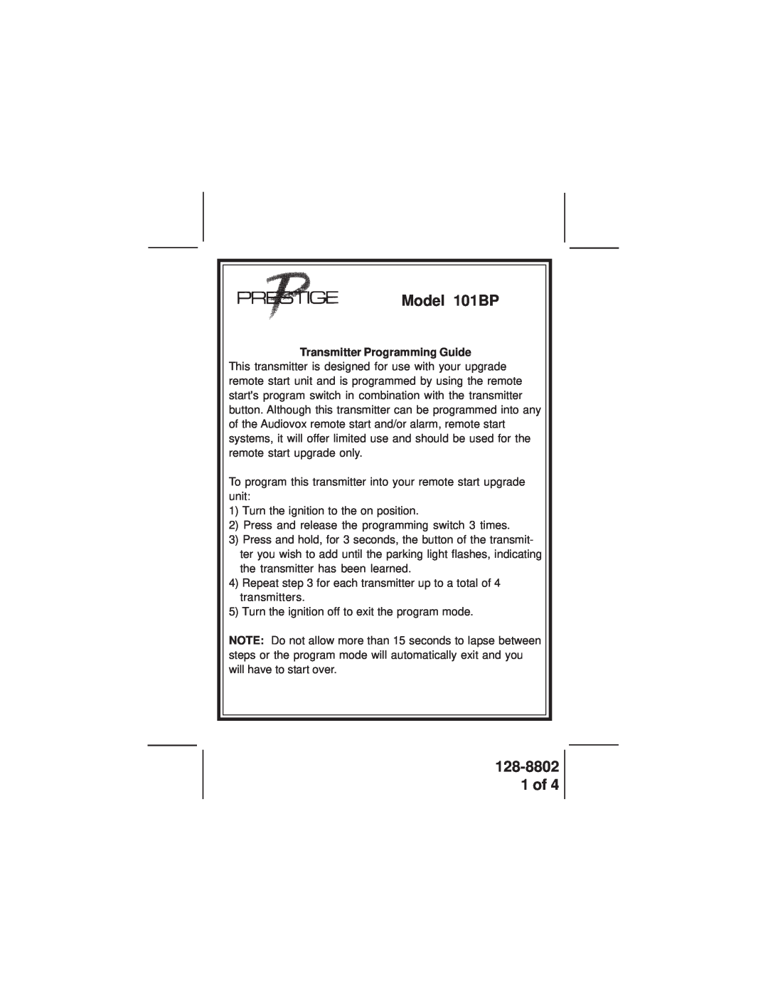 Audiovox manual Model 101BP, 128-8802 1 of, Transmitter Programming Guide 