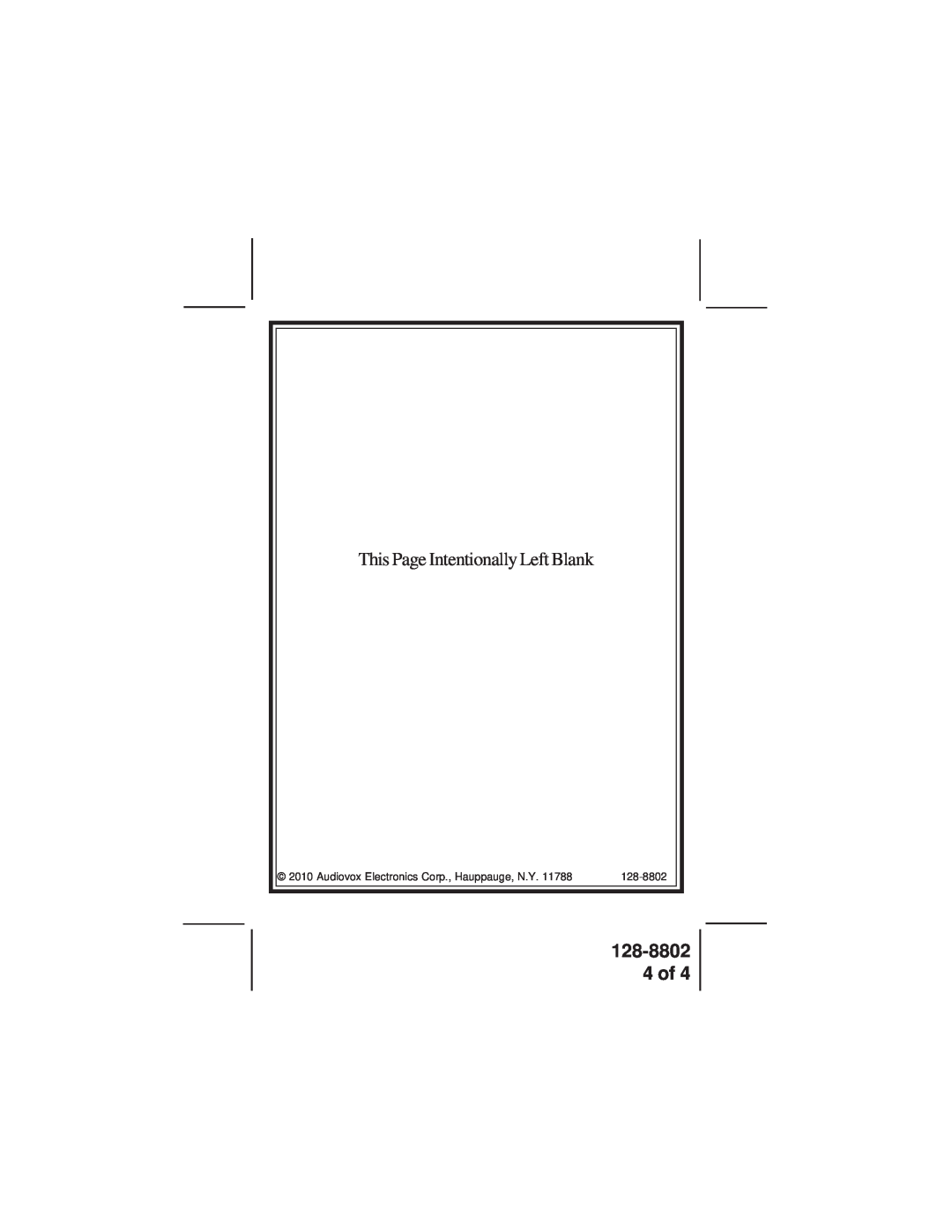 Audiovox 101BP manual 128-8802 4 of, This Page Intentionally Left Blank, Audiovox Electronics Corp., Hauppauge, N.Y 