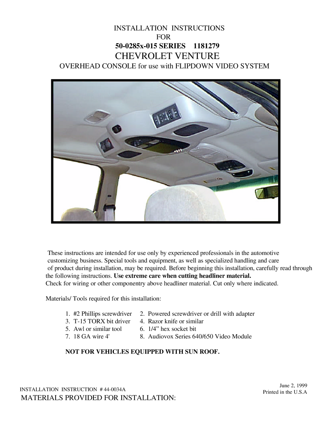 Audiovox 1181279 installation instructions Chevrolet Venture 