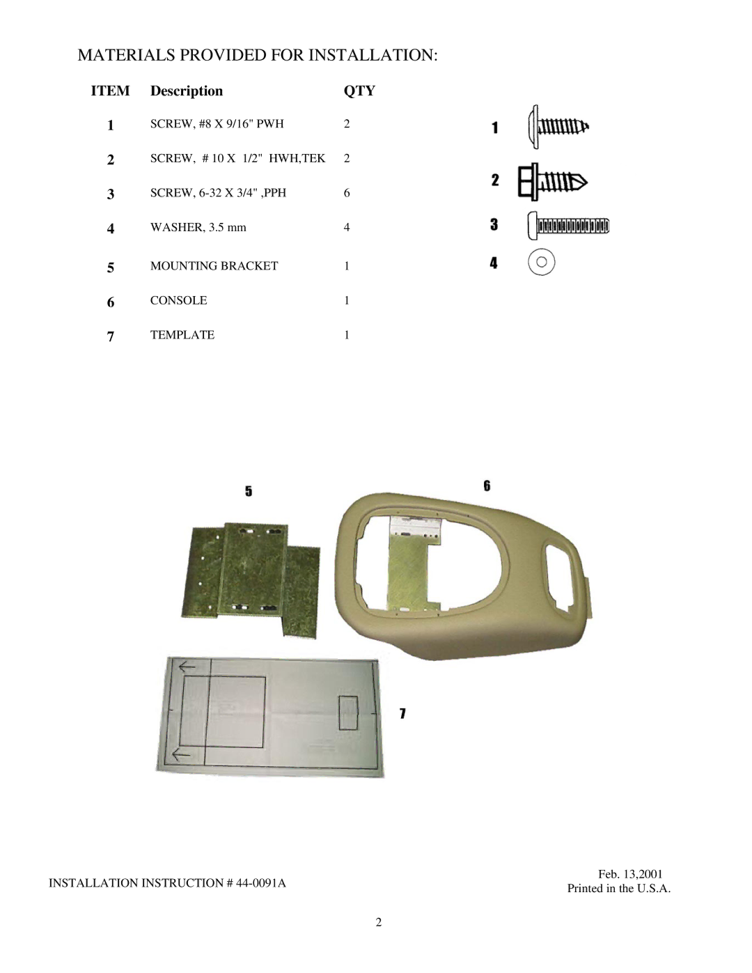 Audiovox 1187001PL installation instructions Materials Provided for Installation, Qty 