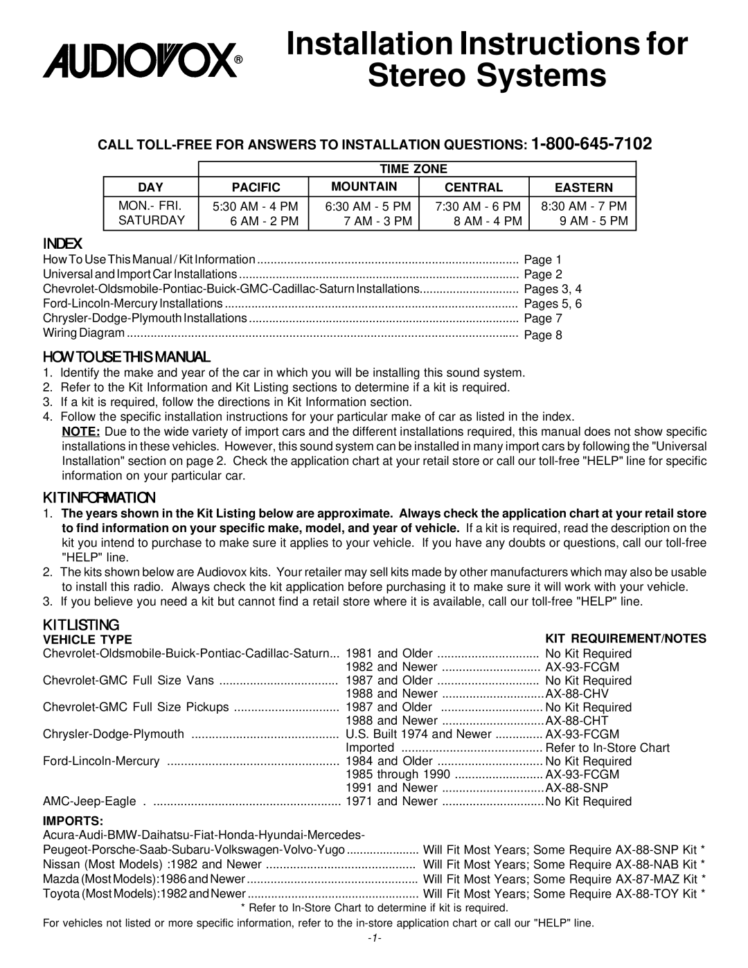 Audiovox 128-4874A installation instructions Installation Instructions for Stereo Systems 