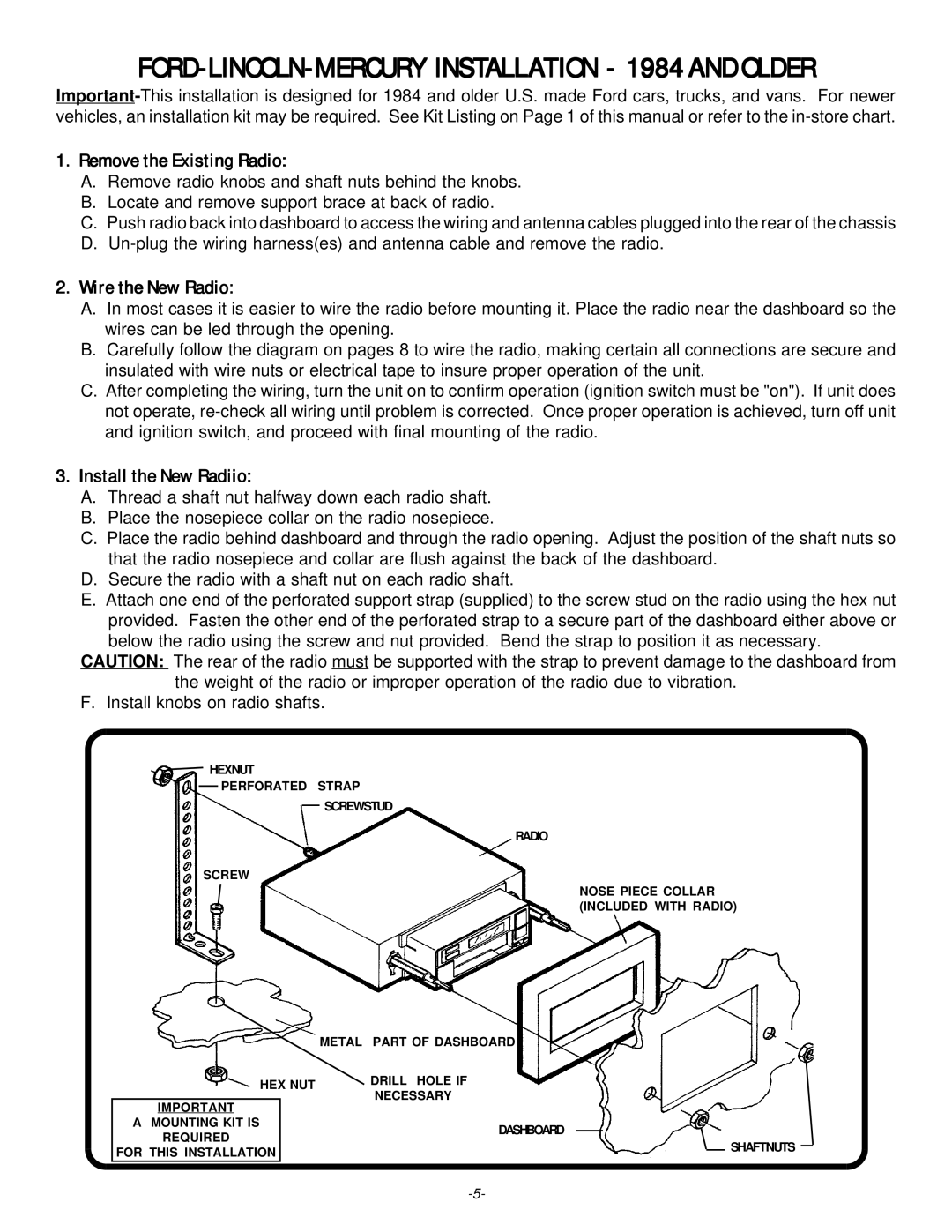 Audiovox 128-4874A installation instructions FORD-LINCOLN-MERCURY Installation 1984 and Older, Install the New Radiio 