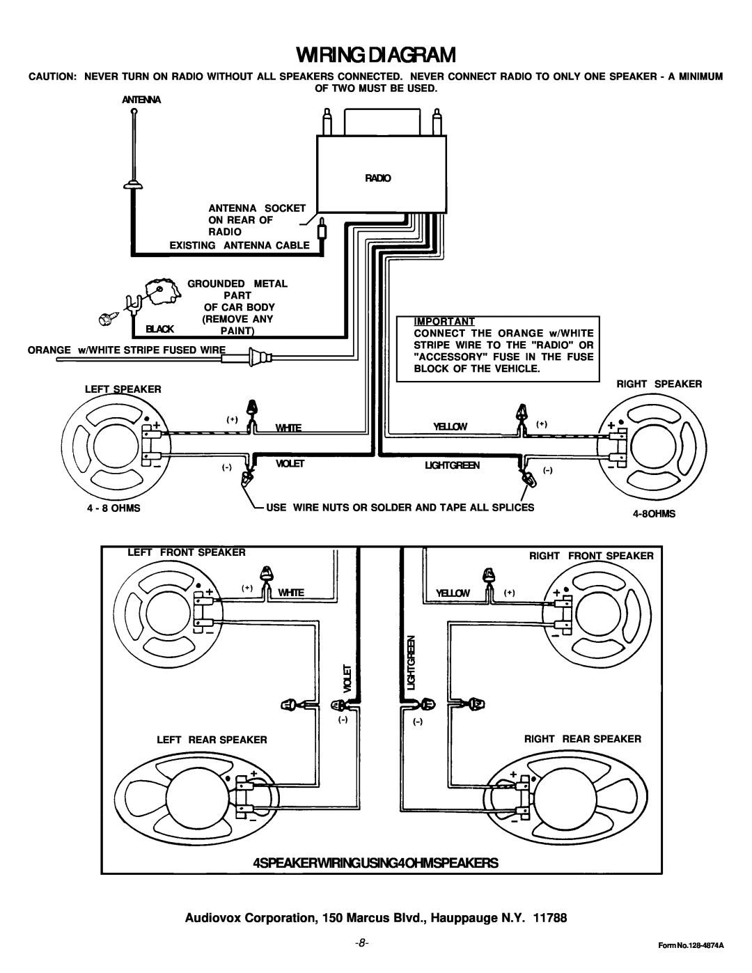 Audiovox 128-4874A installation instructions Wiring Diagram, 4SPEAKERWIRINGUSING4OHMSPEAKERS 