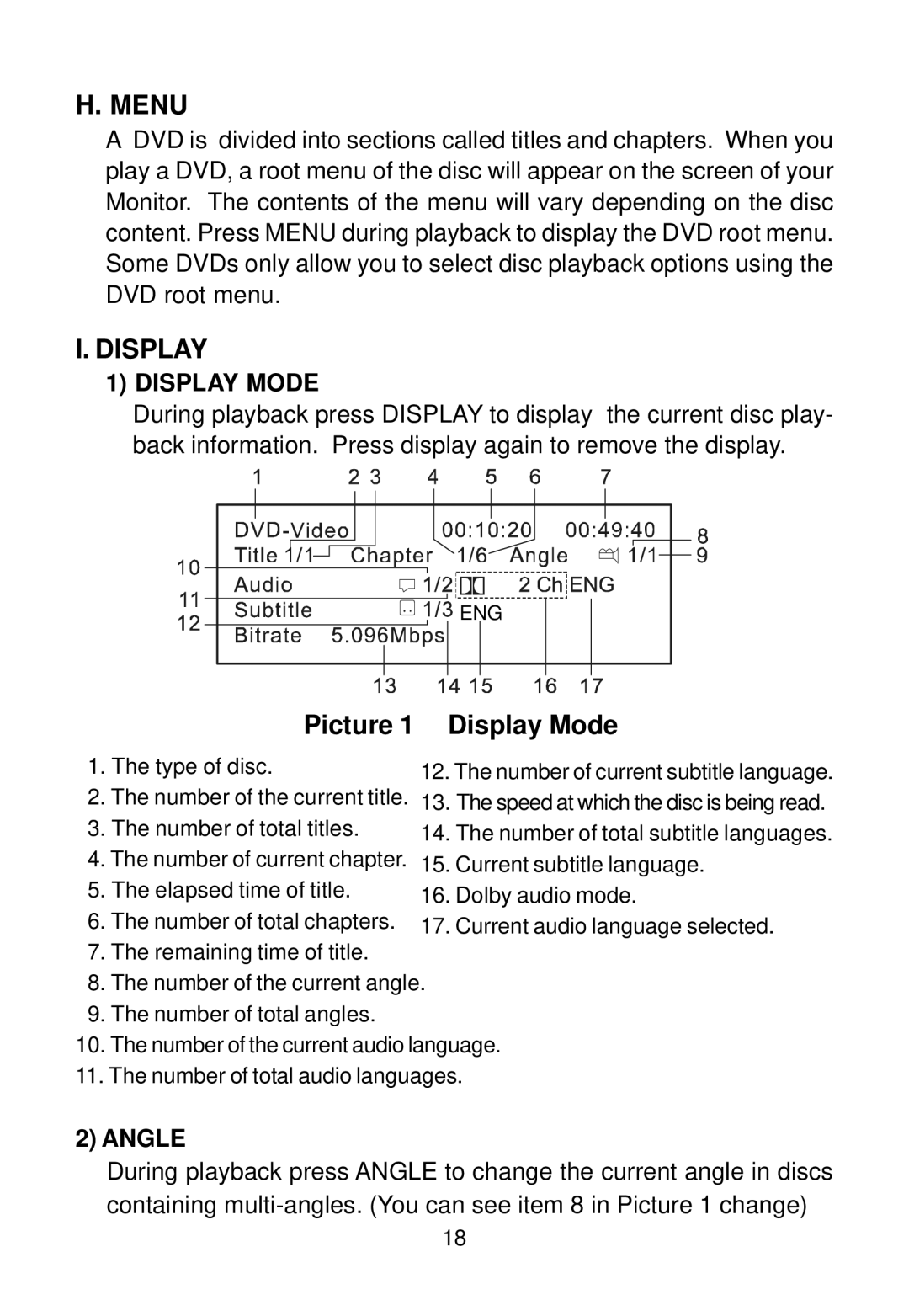 Audiovox 128-5495E, 128-7744 installation manual Menu, Picture 1 Display Mode, Angle 