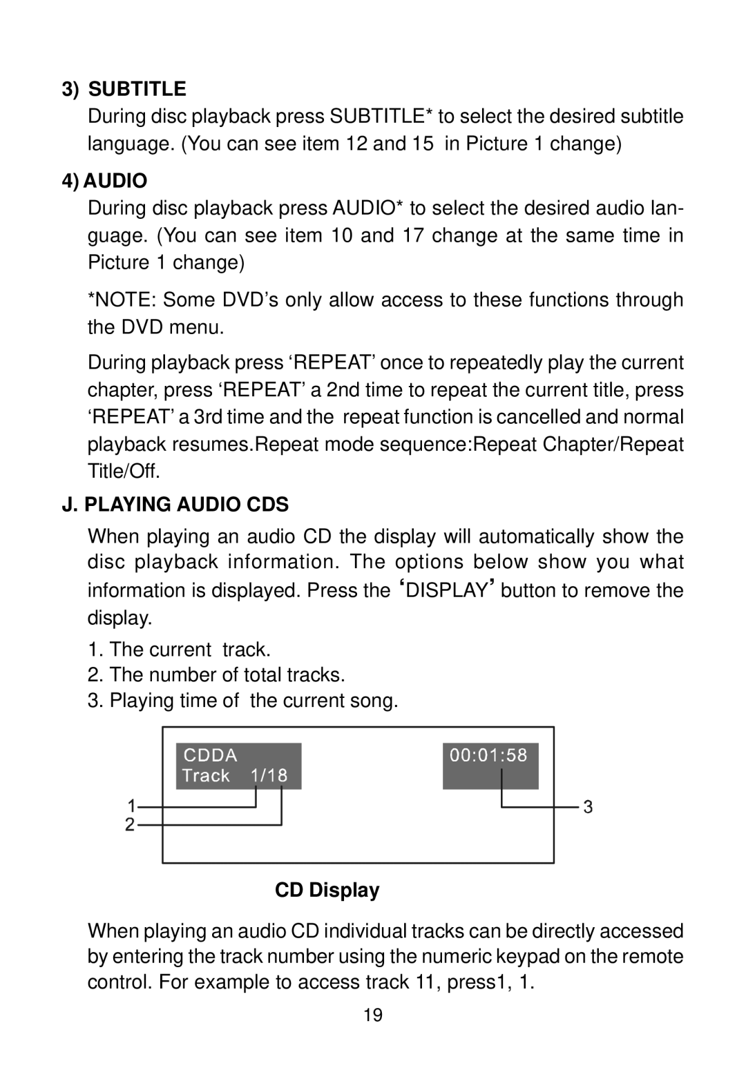 Audiovox 128-7744, 128-5495E installation manual Subtitle, Playing Audio CDS, CD Display 