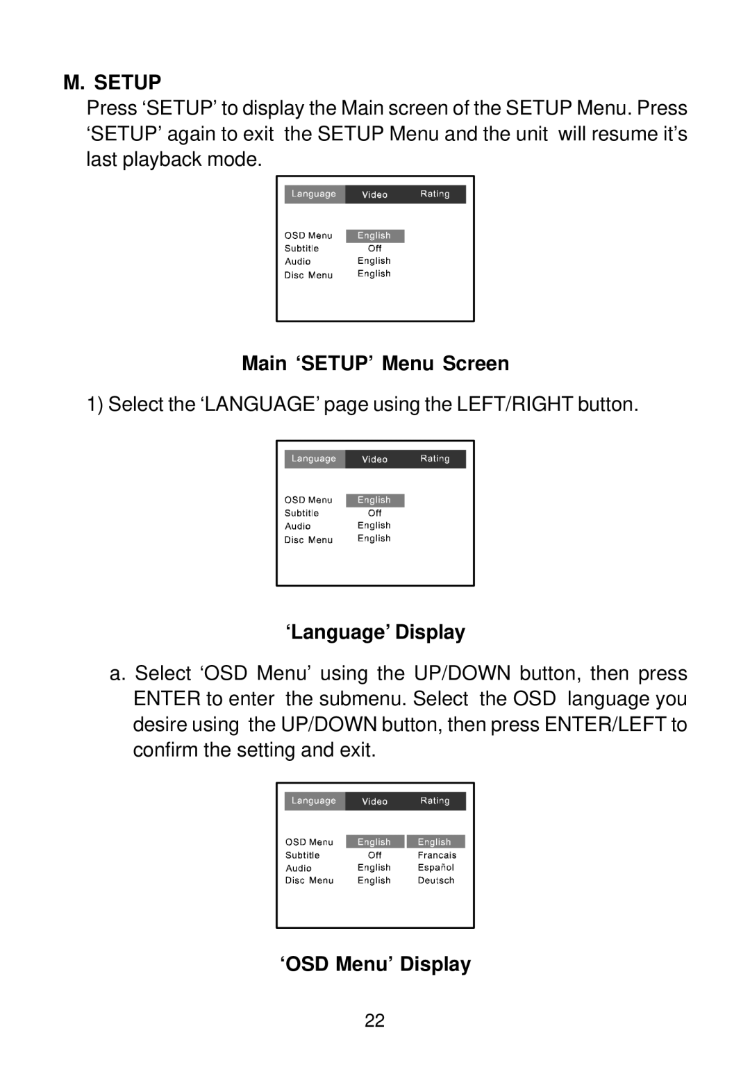 Audiovox 128-5495E, 128-7744 installation manual Setup, Main ‘SETUP’ Menu Screen, ‘Language’ Display, ‘OSD Menu’ Display 