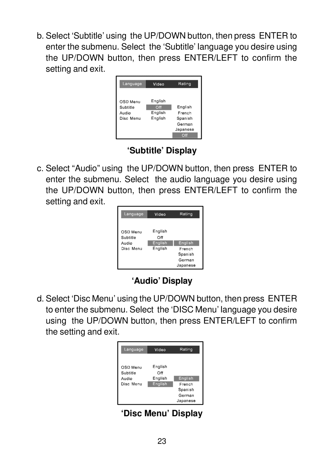 Audiovox 128-7744, 128-5495E installation manual ‘Subtitle’ Display, ‘Audio’ Display, ‘Disc Menu’ Display 