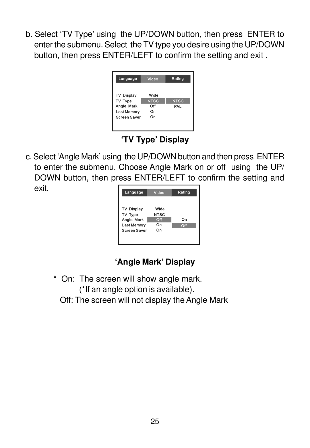 Audiovox 128-7744, 128-5495E installation manual ‘TV Type’ Display, ‘Angle Mark’ Display 