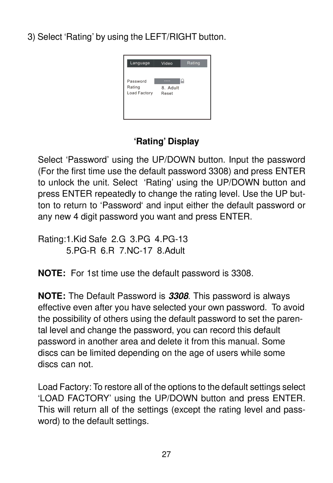 Audiovox 128-7744, 128-5495E installation manual ‘Rating’ Display 