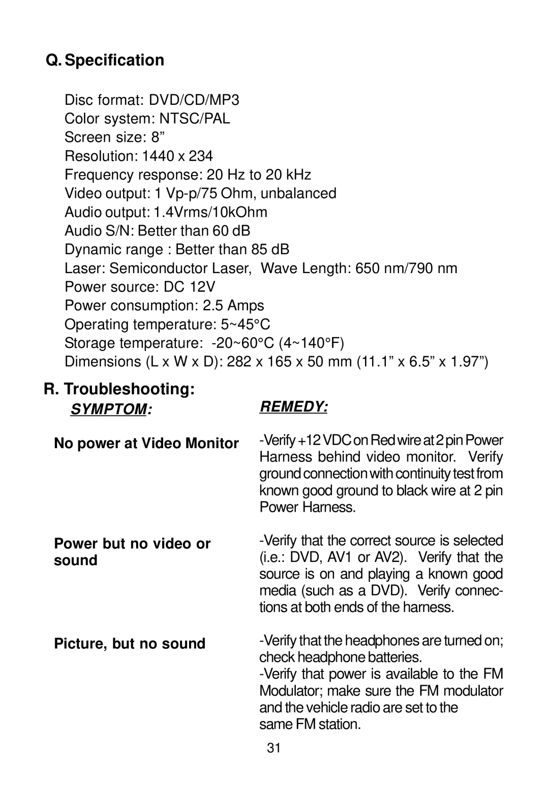 Audiovox 128-7744, 128-5495E Specification, Troubleshooting, No power at Video Monitor, Power but no video or sound 