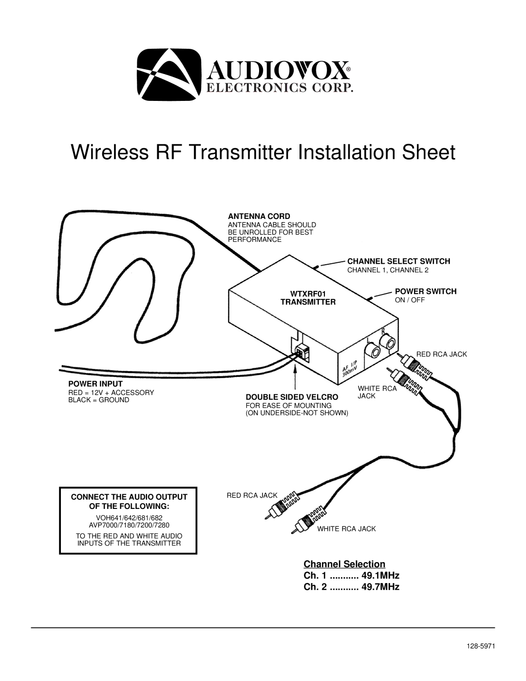 Audiovox 128-5971 manual Wireless RF Transmitter Installation Sheet 