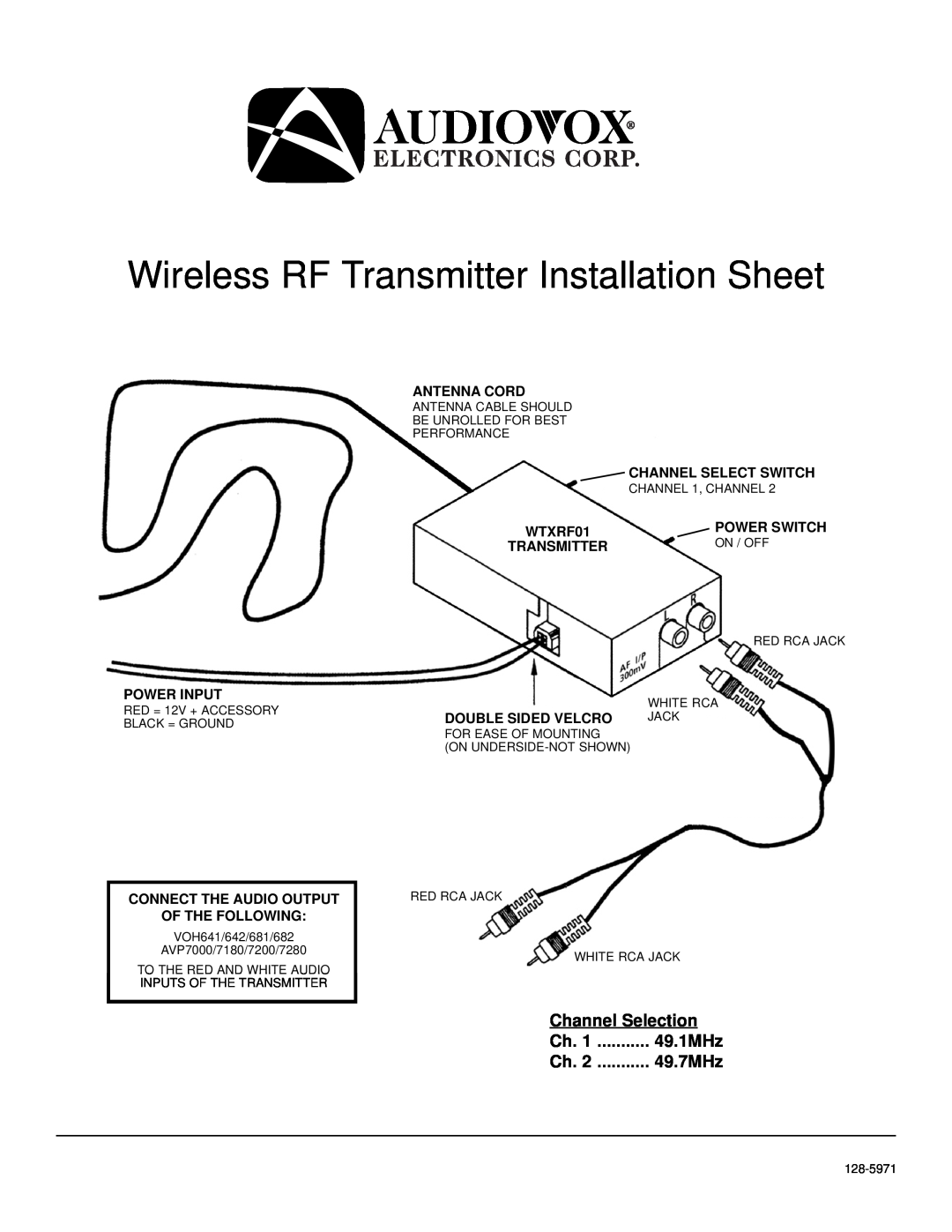 Audiovox 128-5971 manual Wireless RF Transmitter Installation Sheet, Channel Selection, 49.1MHz, 49.7MHz, Power Input 