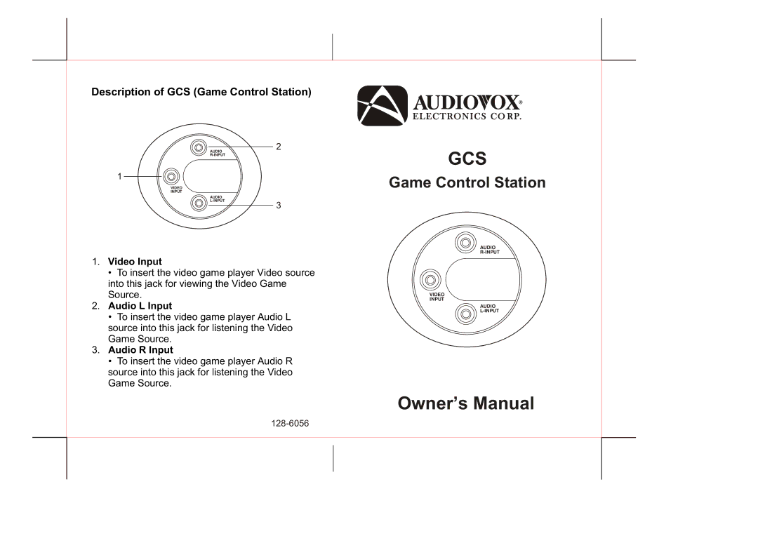 Audiovox 128-6056 owner manual Gcs, Description of GCS Game Control Station 