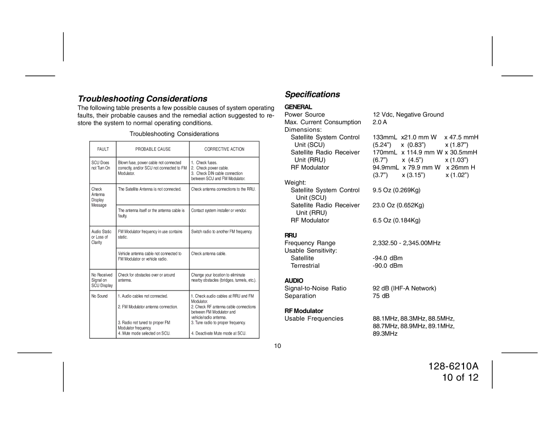 Audiovox 128-6210A manual General, Rru, Audio 