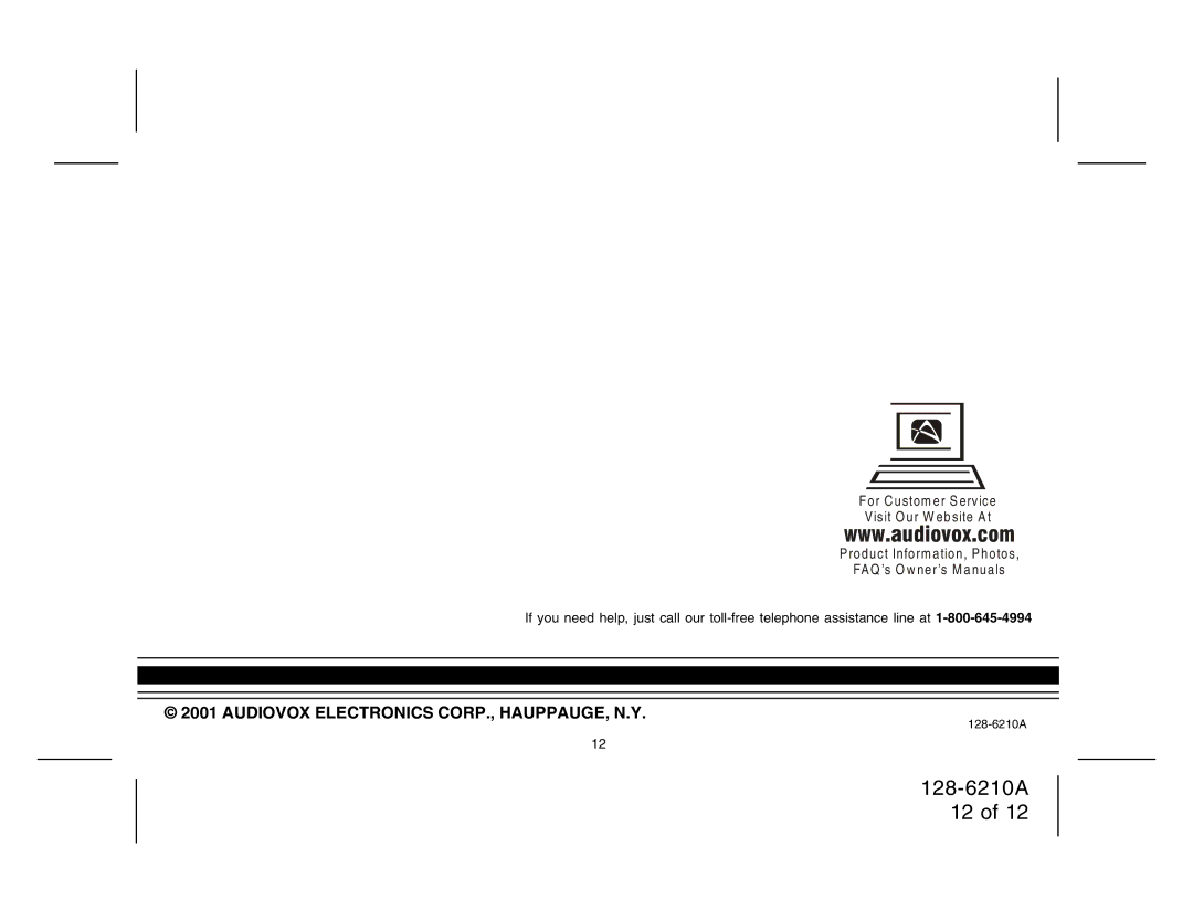 Audiovox 128-6210A manual Audiovox.com 