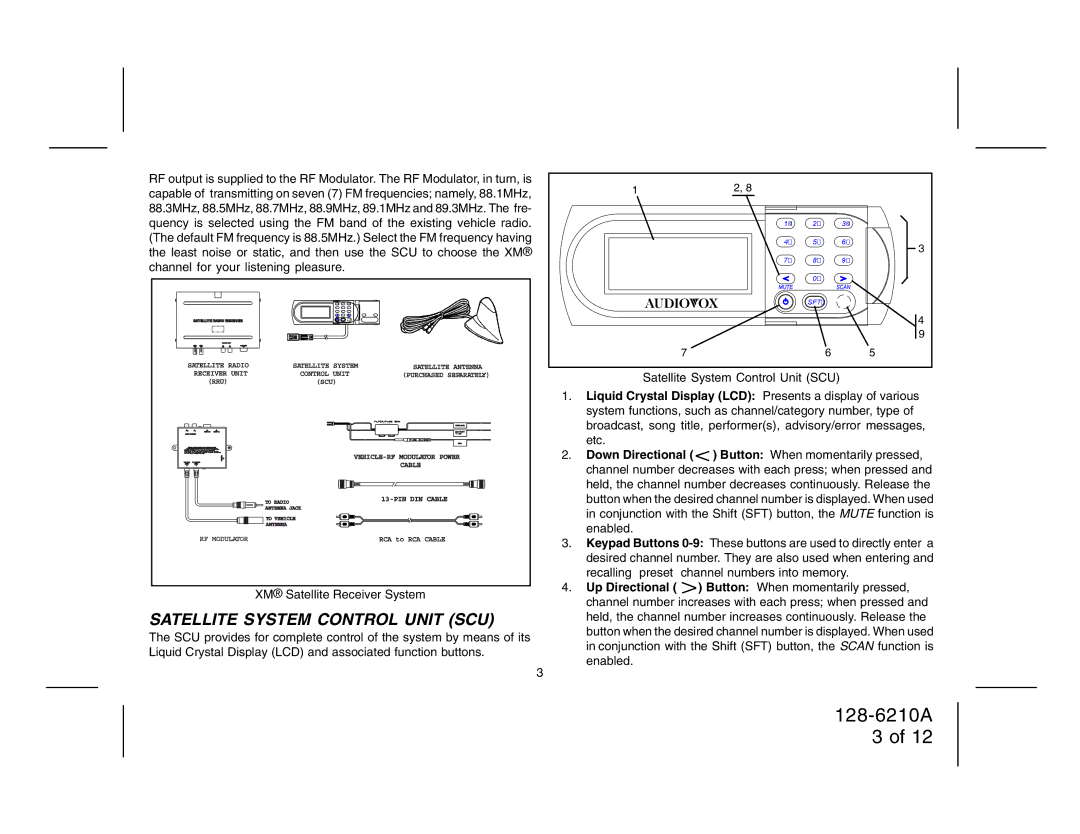 Audiovox 128-6210A manual Satellite System Control Unit SCU, Up Directional 