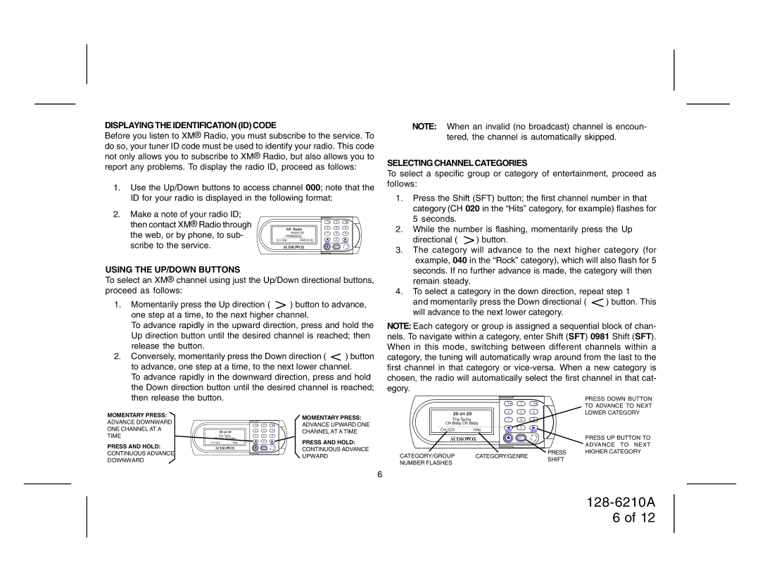 Audiovox 128-6210A manual Displaying the Identification ID Code, Using the UP/DOWN Buttons, Selecting Channel Categories 