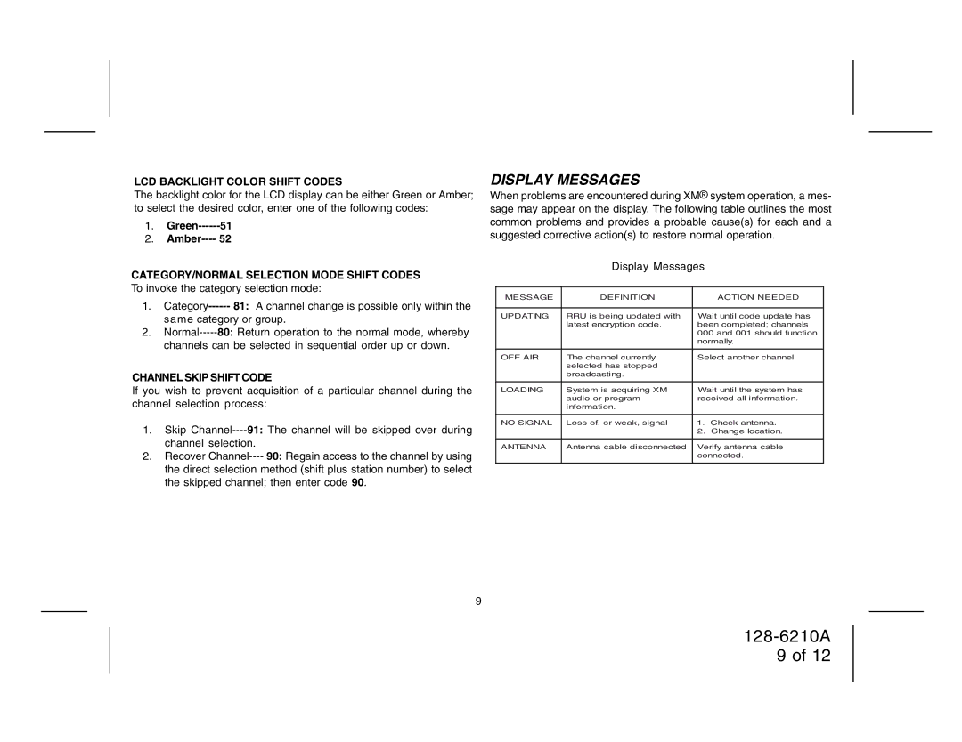 Audiovox 128-6210A manual Display Messages, LCD Backlight Color Shift Codes, Channel Skip Shift Code 