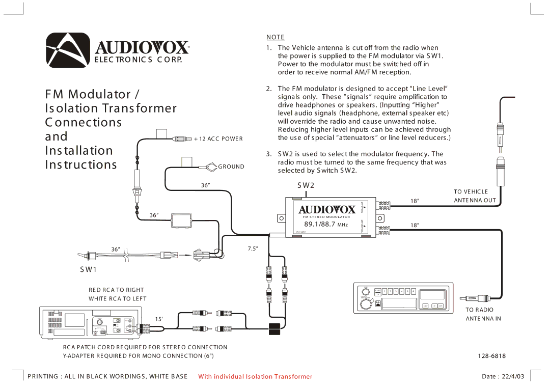 Audiovox 128-6818 installation instructions Le C Tr O N Ic S C O R P, 89.1/88.7, + 12 AC C Powe R, 15’ 