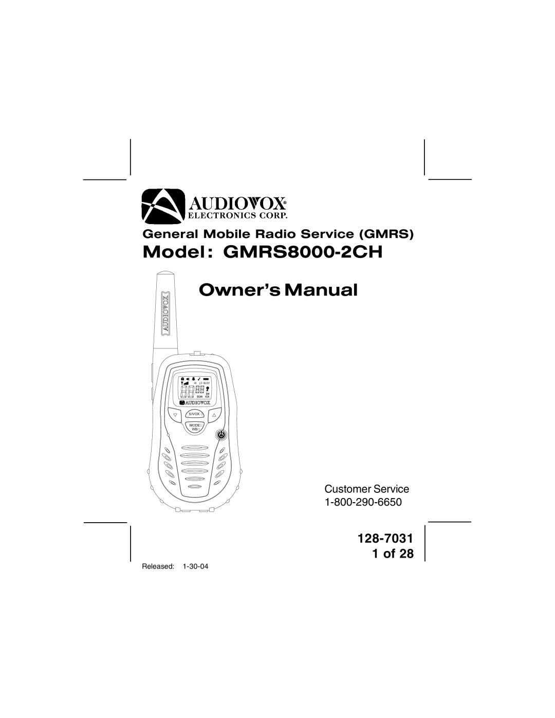 Audiovox 128-7031 owner manual Model GMRS8000-2CH 