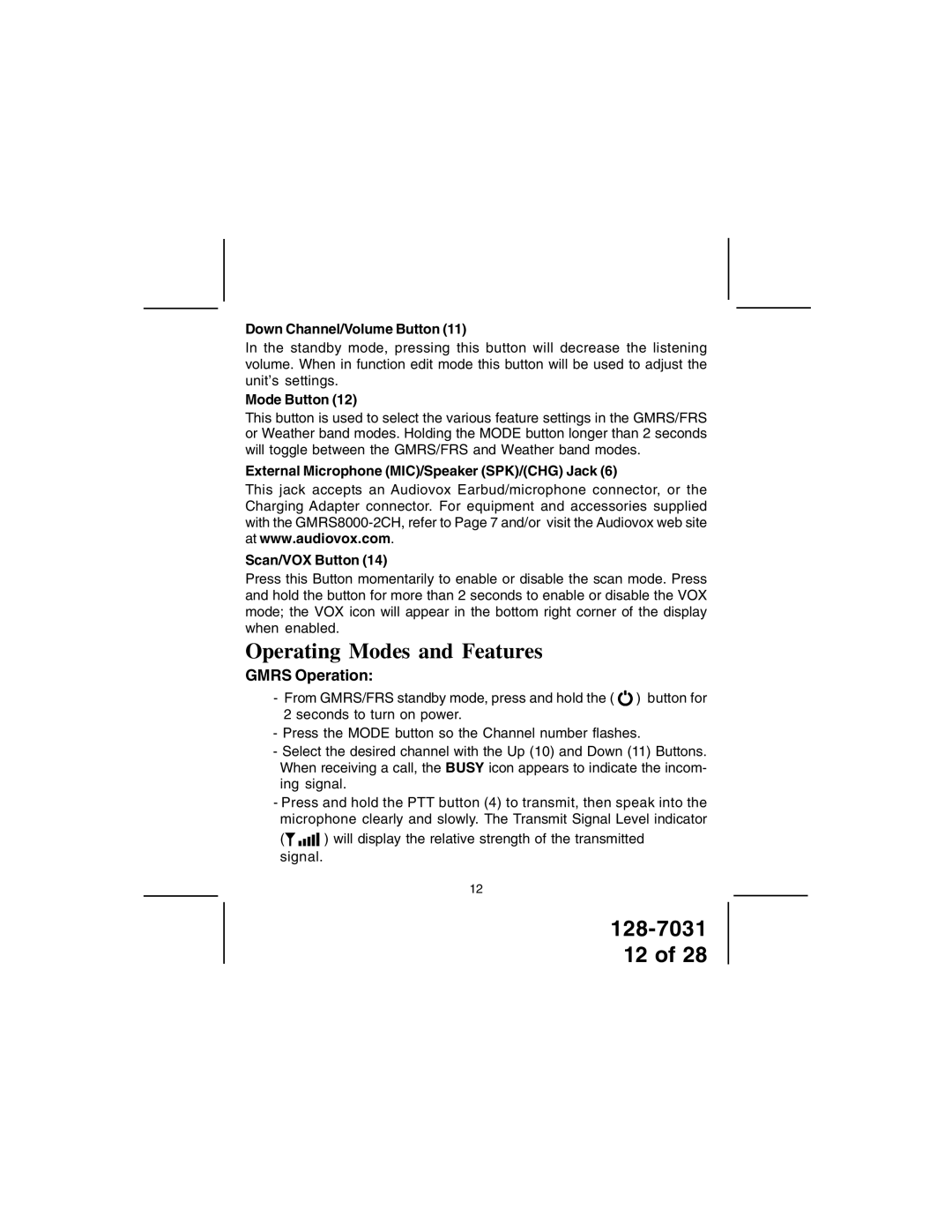 Audiovox 128-7031 owner manual Gmrs Operation, Down Channel/Volume Button, Mode Button 