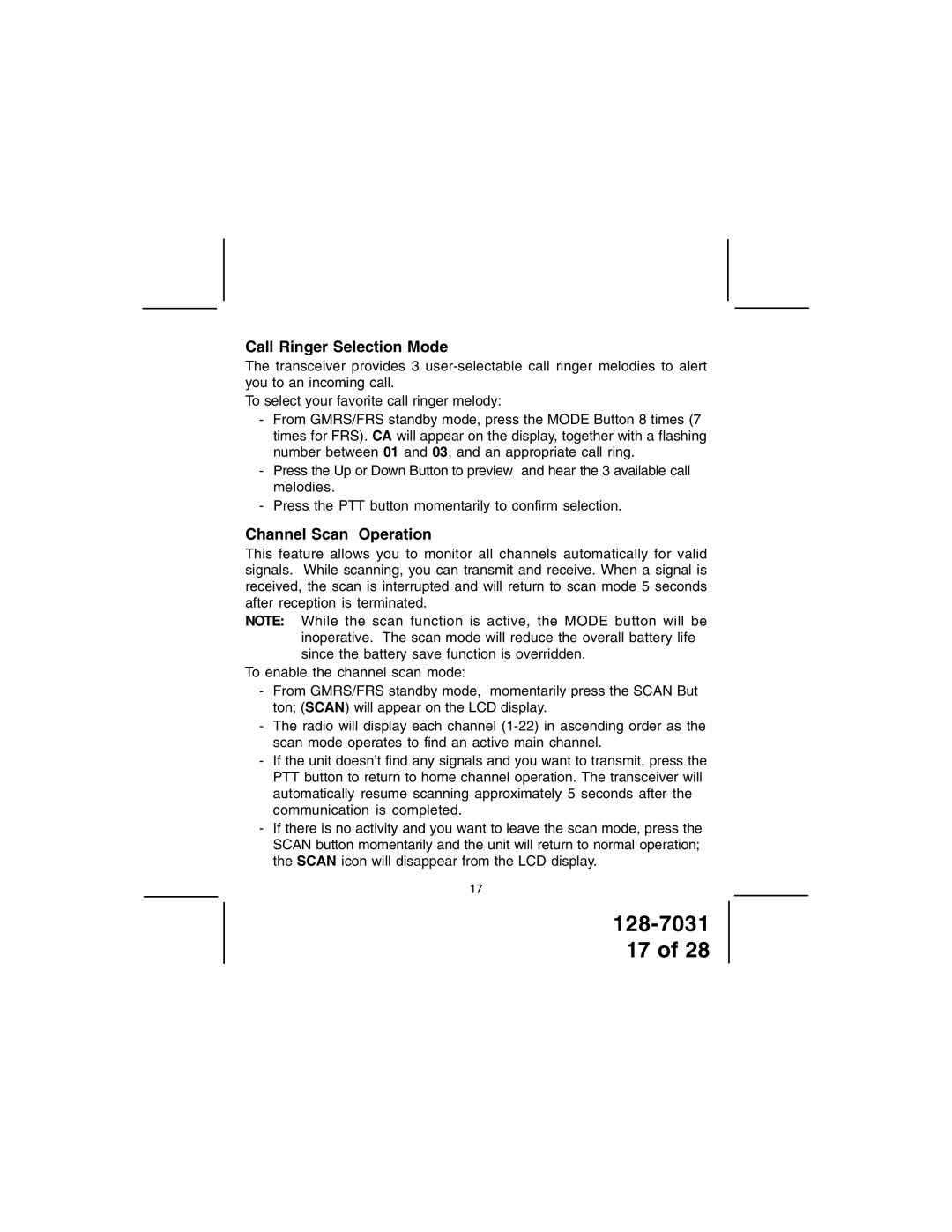 Audiovox 128-7031 owner manual Call Ringer Selection Mode, Channel Scan Operation 