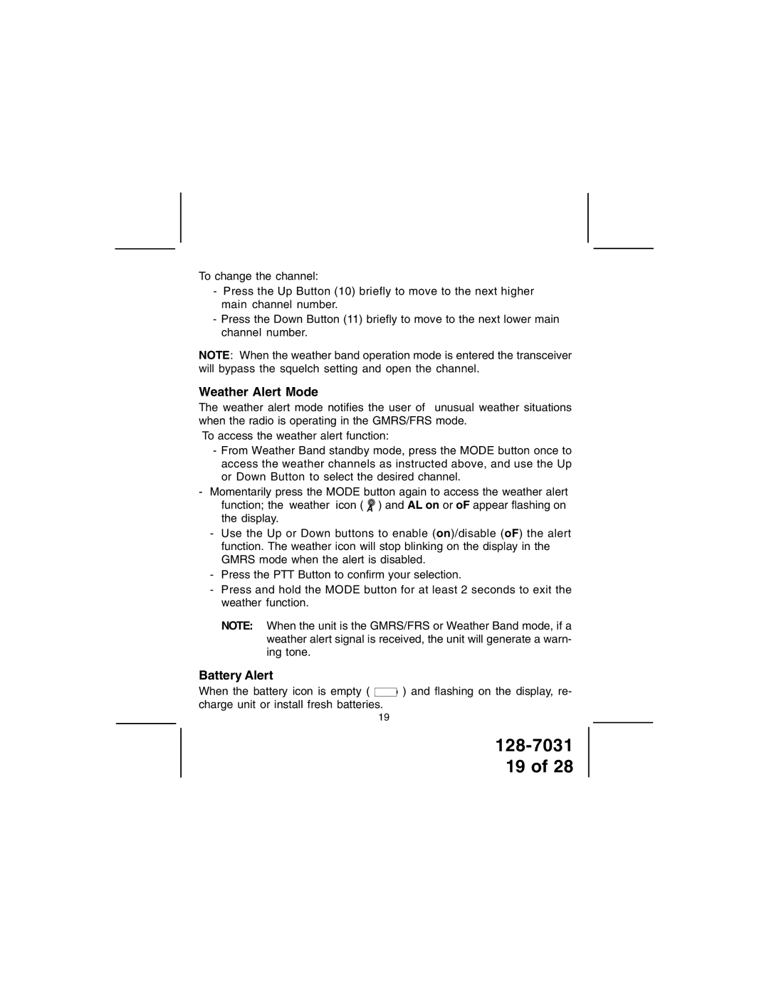 Audiovox 128-7031 owner manual Weather Alert Mode, Battery Alert 