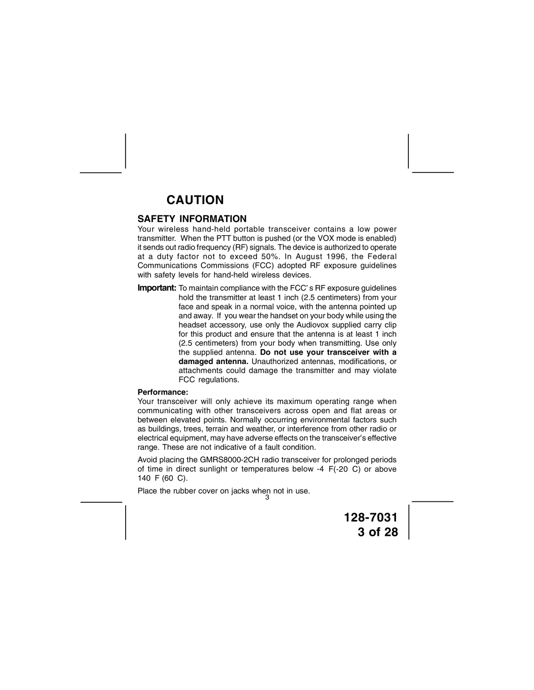 Audiovox 128-7031 owner manual Safety Information, Performance 