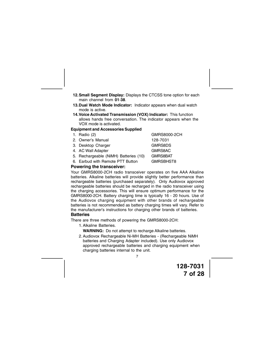 Audiovox 128-7031 owner manual Powering the transceiver, Batteries 