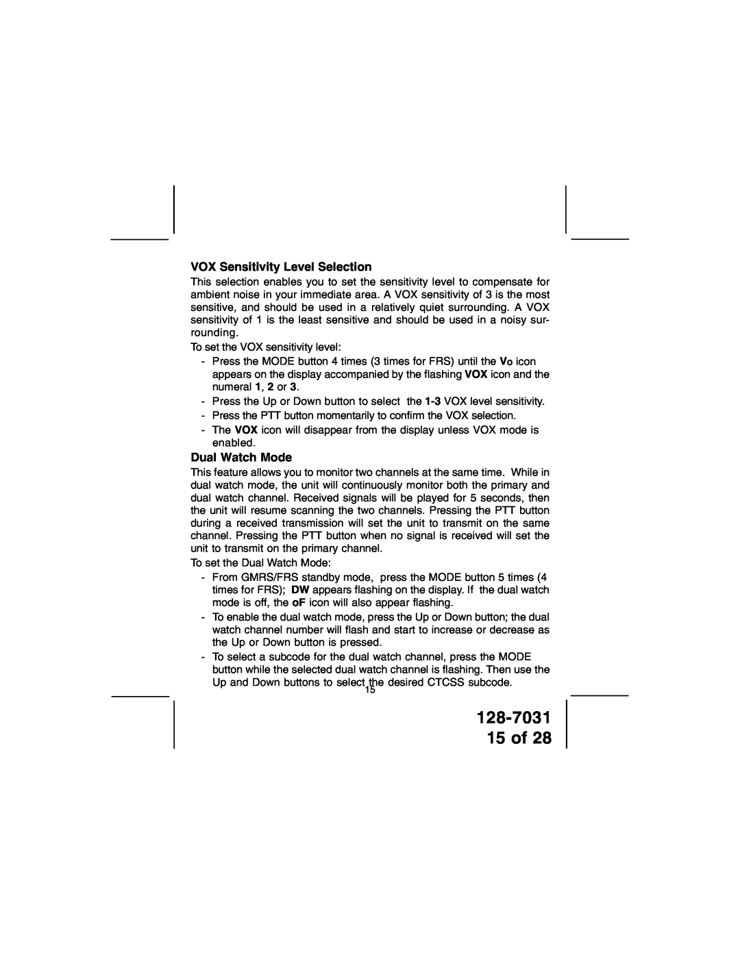 Audiovox owner manual 128-7031 15 of, VOX Sensitivity Level Selection, Dual Watch Mode 