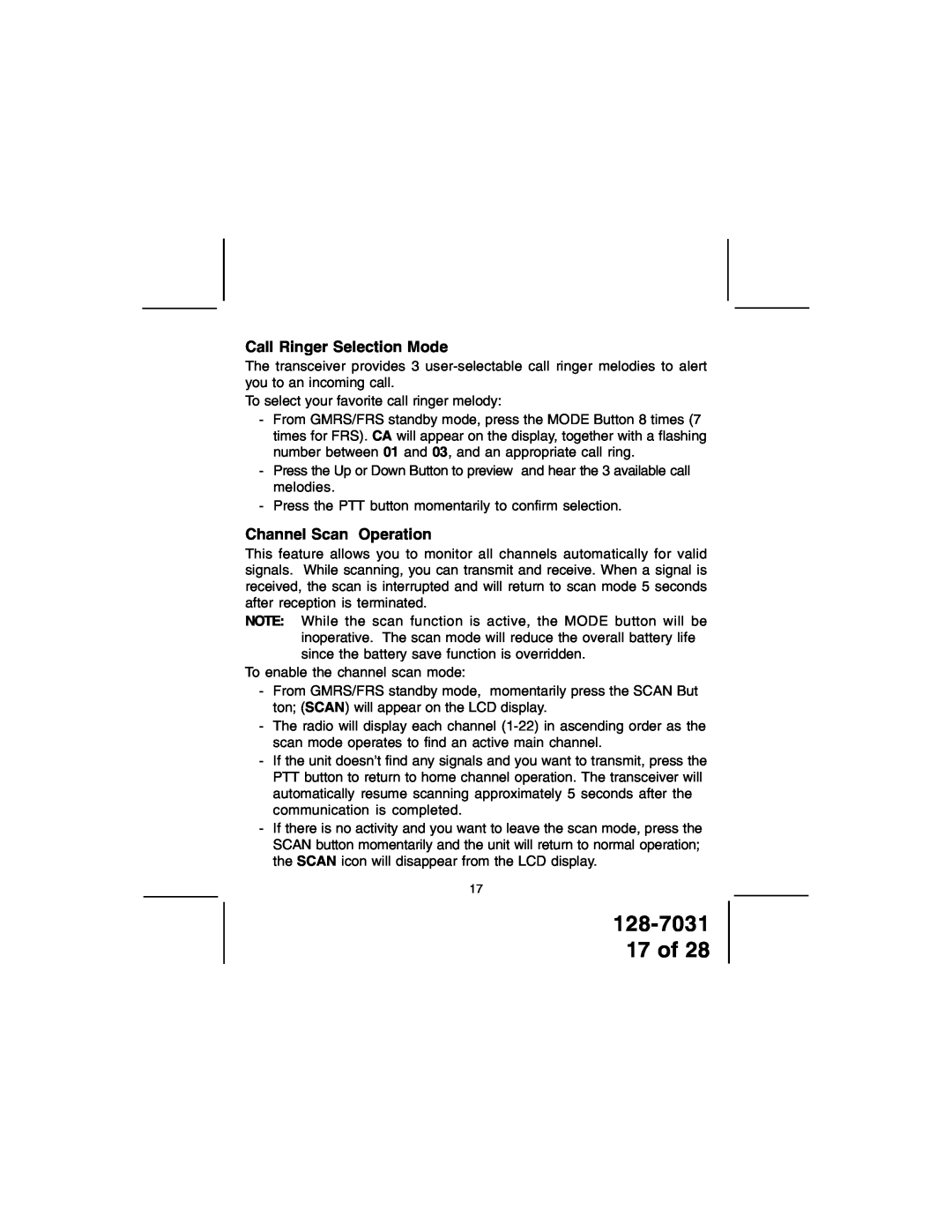 Audiovox owner manual 128-7031 17 of, Call Ringer Selection Mode, Channel Scan Operation 