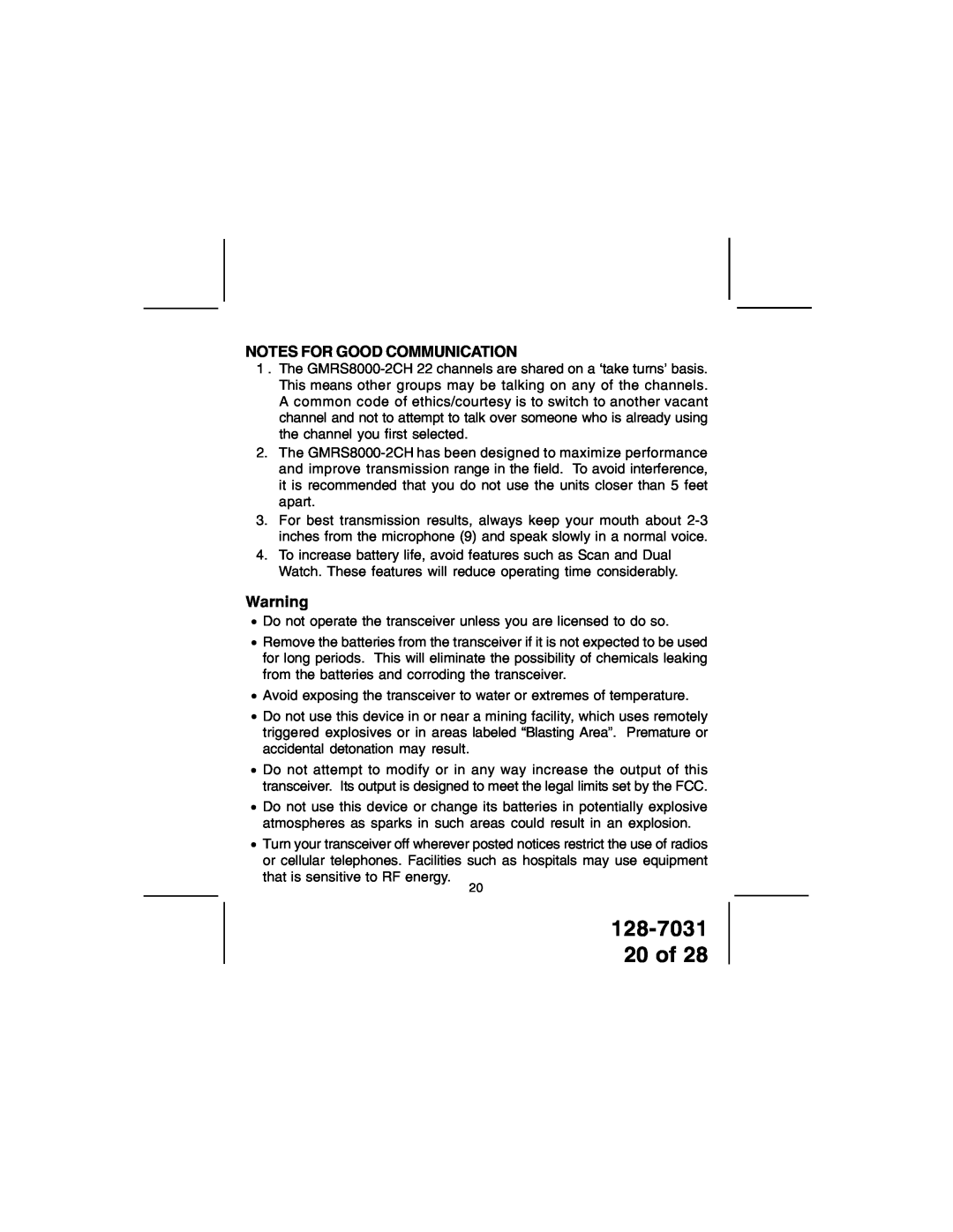 Audiovox owner manual 128-7031 20 of, Notes For Good Communication 