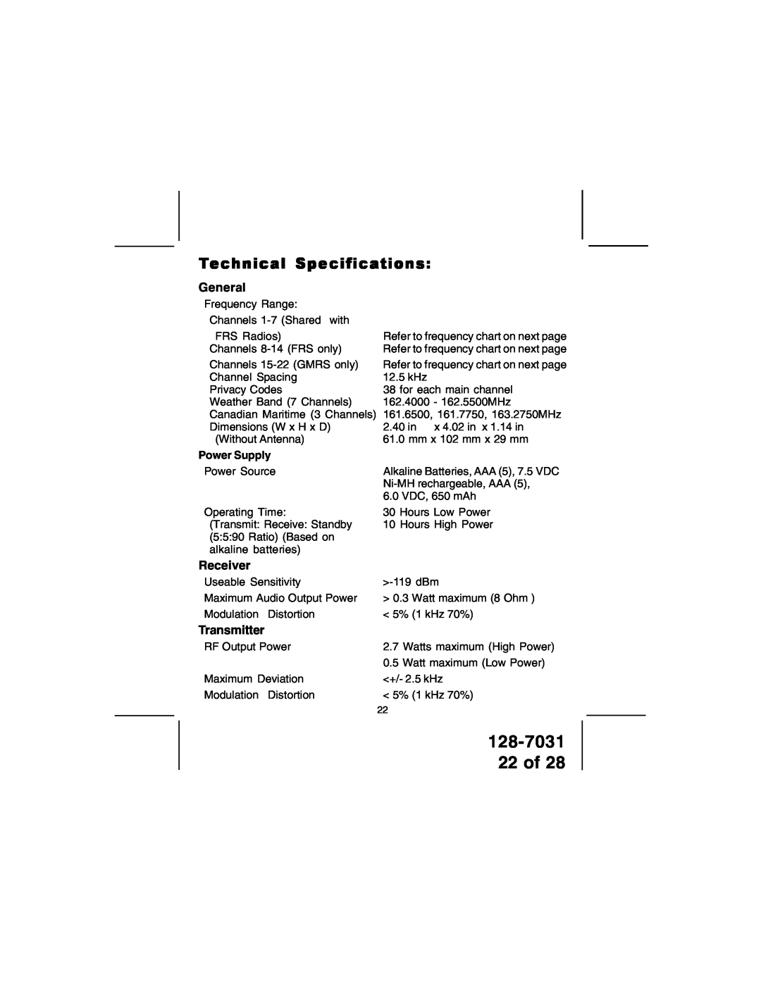 Audiovox 128-7031 owner manual 22 of, Technical Specifications, General, Receiver, Transmitter, Power Supply 