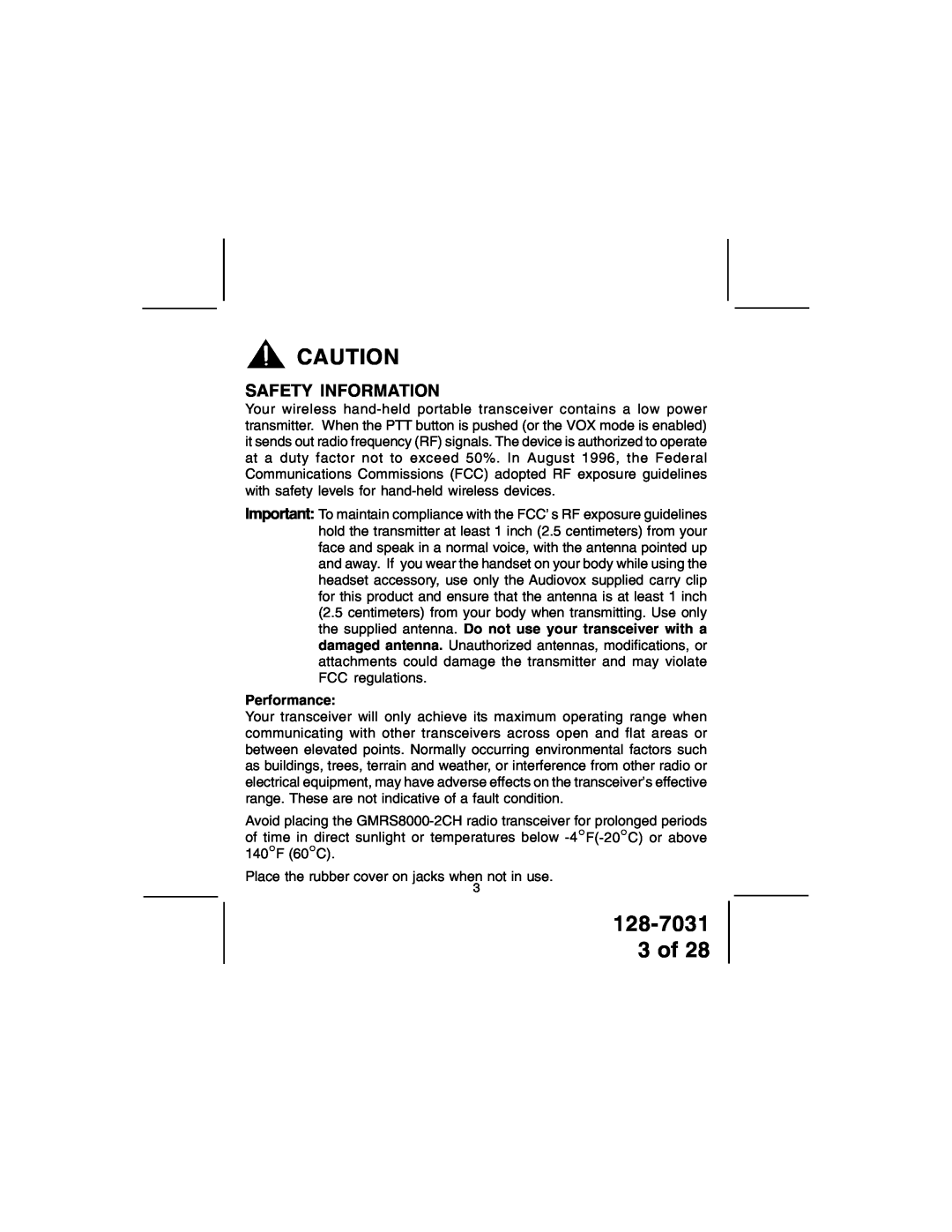 Audiovox owner manual 128-7031 3 of, Safety Information, Performance 