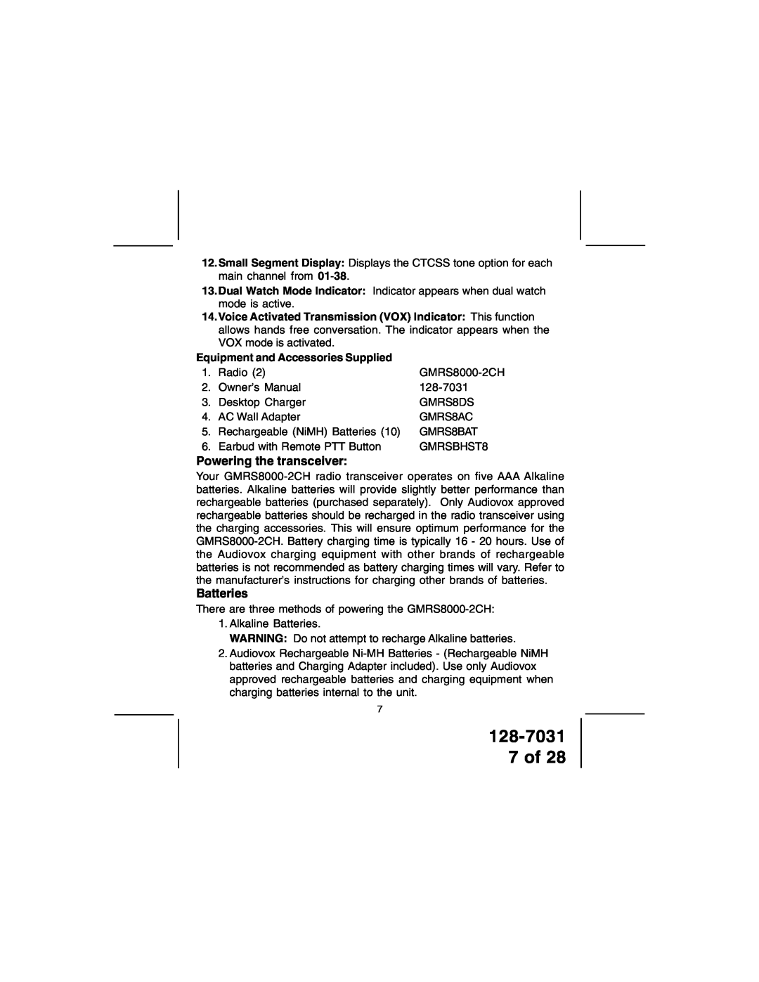 Audiovox owner manual 128-7031 7 of, Powering the transceiver, Batteries, Equipment and Accessories Supplied 