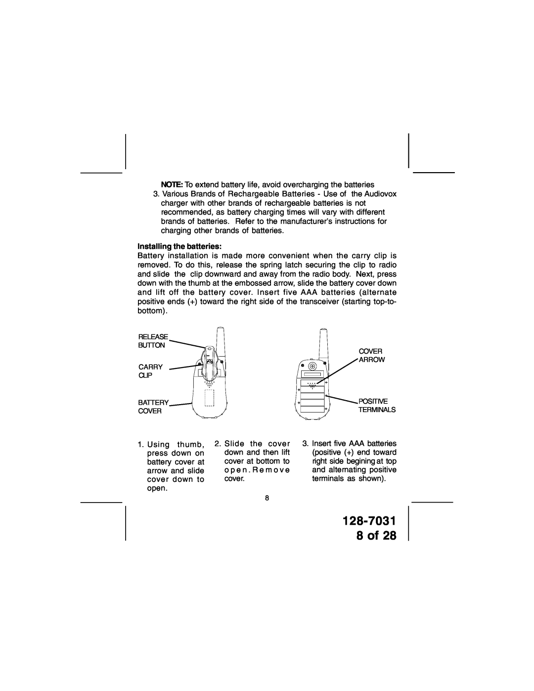Audiovox owner manual 128-7031 8 of, Installing the batteries 