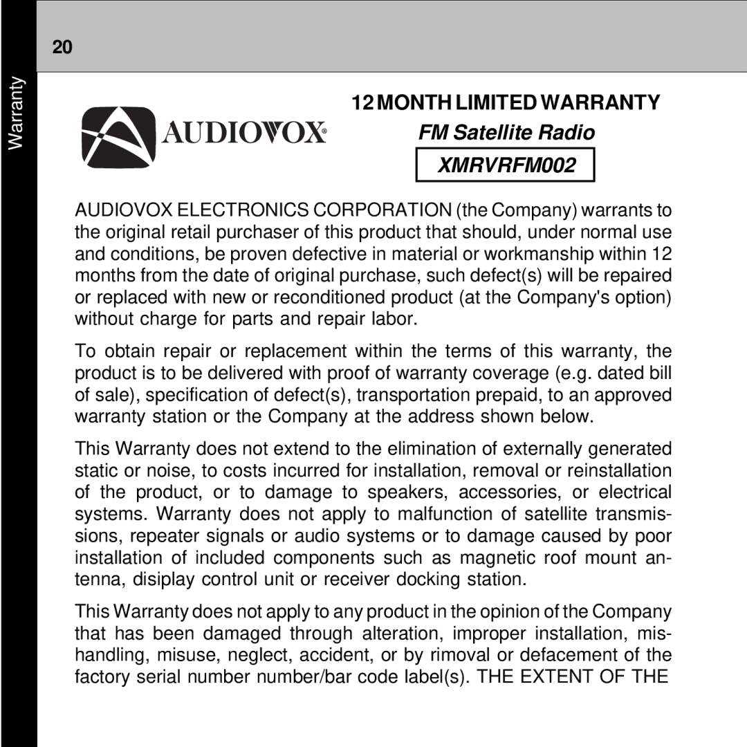 Audiovox 128-7902A manual XMRVRFM002 