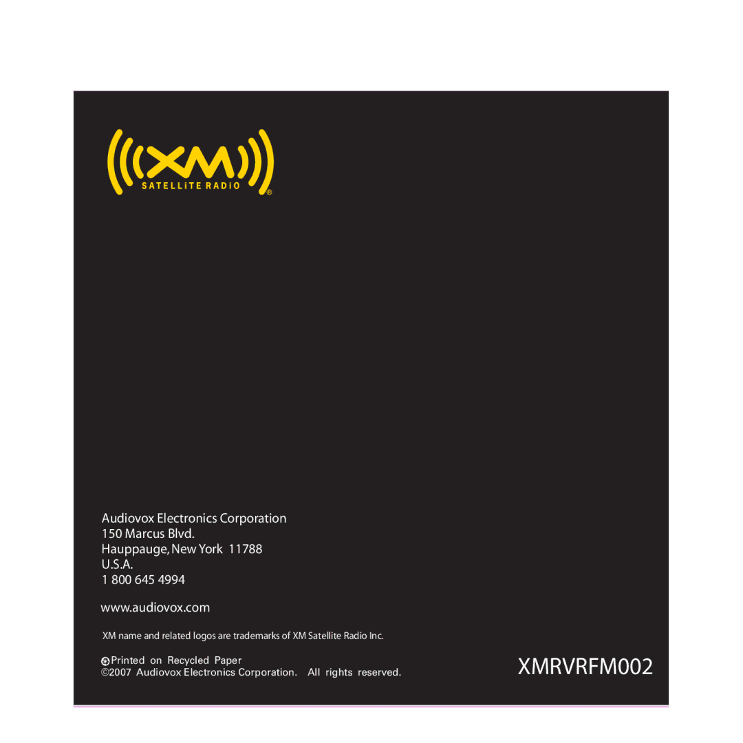 Audiovox 128-7902A manual XMRVRFM002 